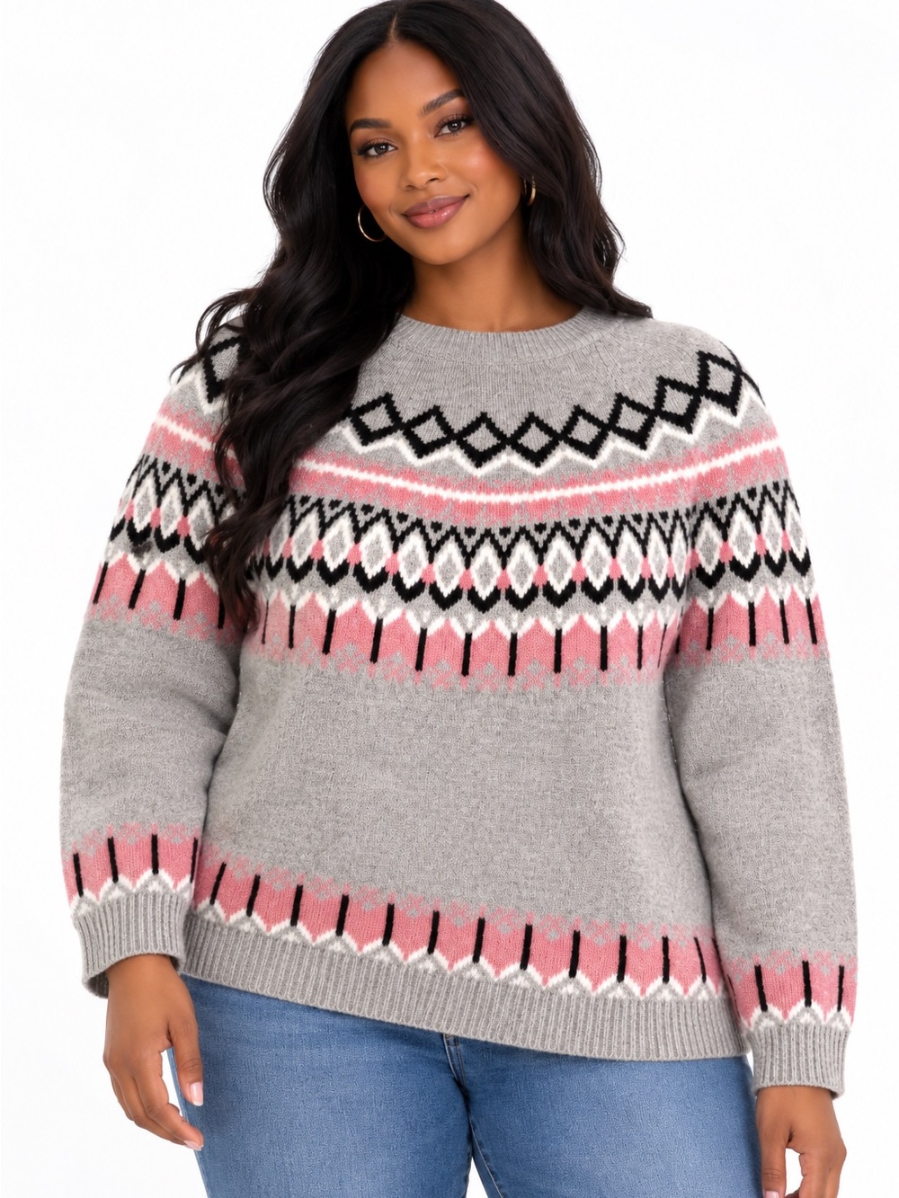 DKNY JEANS Fair Isle Crewneck Sweater Gray Pink Women’s Size XL